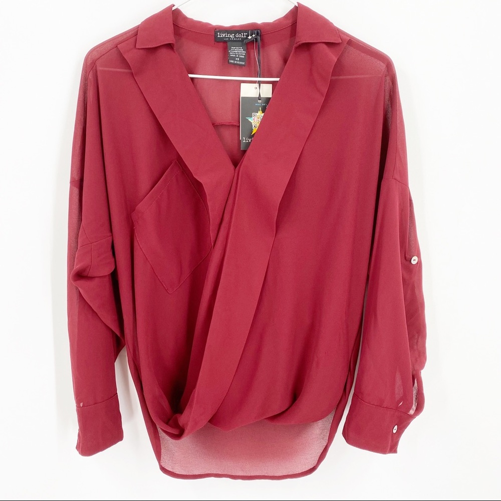Living Doll Los Angeles NWT Cranberry Wine Blouse Roll Tab Long Sleeves Size XS